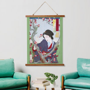 Chinoiserie Japanese Lady & Red Cherry Blossom Hanging Tapestry