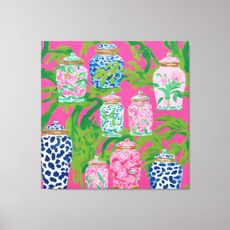 Chinoiserie jars and banana leaves on hot pink canvas print