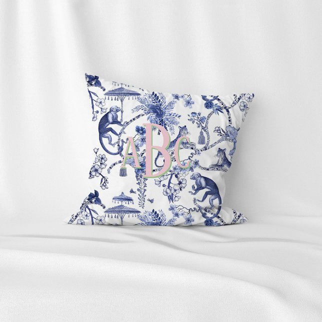 Chinoiserie Jungle Toile | Blue & White Monogram Cushion (Creator Uploaded)