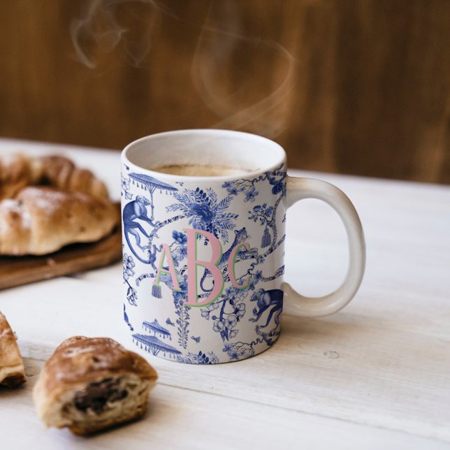Chinoiserie Jungle Toile | Blue & White Monogram Mug (Creator Uploaded)