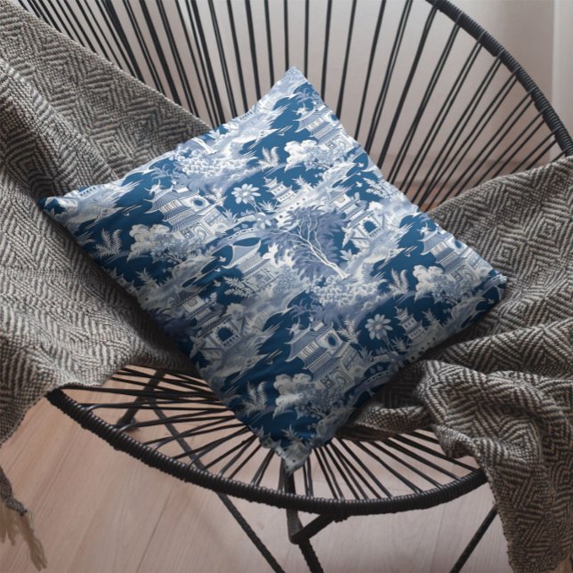 Chinoiserie Landscape Painting Blue White Cushion (Creator Uploaded)