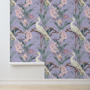 Chinoiserie Lavender Flowers & Egrets Pattern Wallpaper