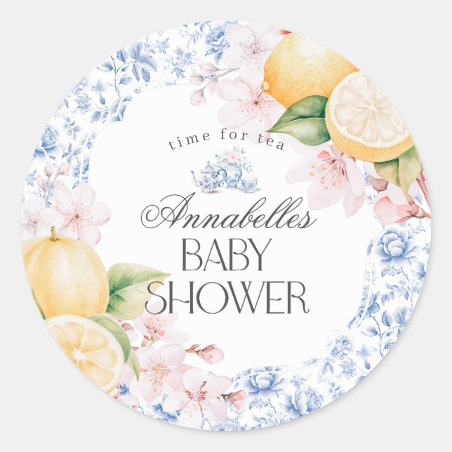 Chinoiserie Lemon Tea Baby Shower Invitation Classic Round Sticker (Front)
