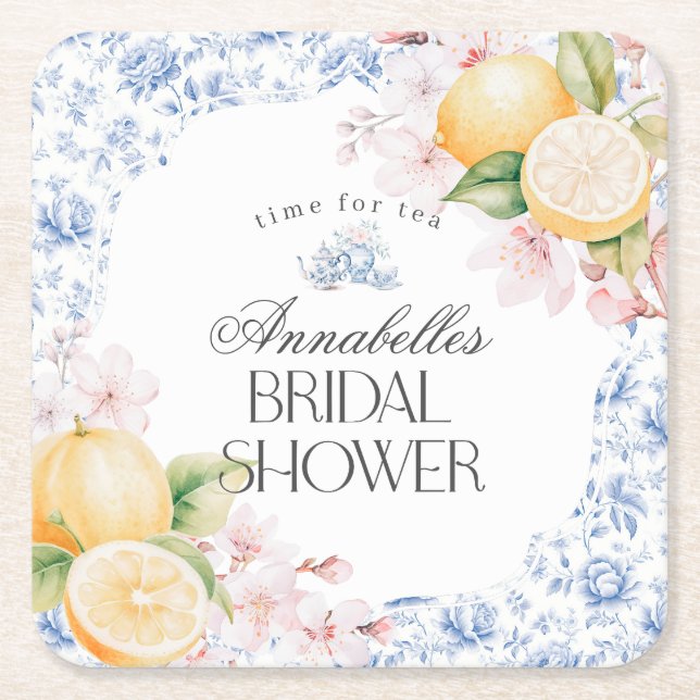 Chinoiserie Lemon Tea Party Bridal Shower Decor Square Paper Coaster (Front)