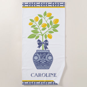 Chinoiserie Lemon Tree Personalised Beach Towel