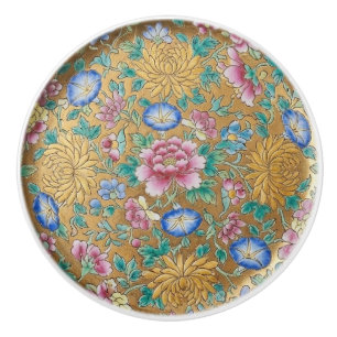 Chinoiserie Millefleur Flowers Gold  Ceramic  Knob