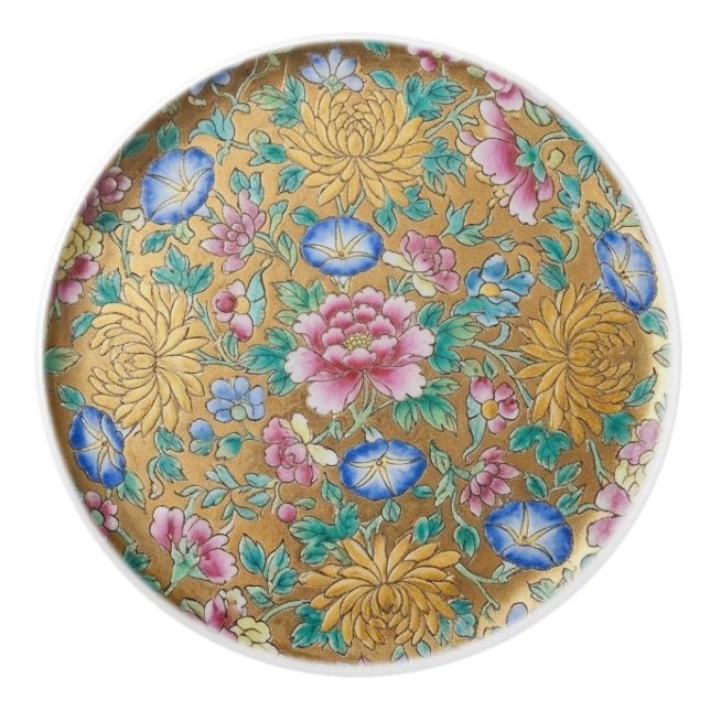 Chinoiserie Millefleur Flowers Gold  Ceramic  Knob (Front)