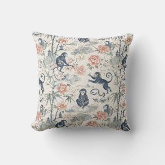 Chinoiserie Monkey and Peony Floral Design Cushion