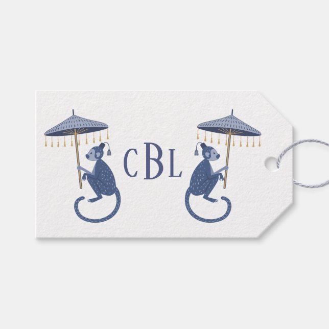 Chinoiserie Monkeys Monogrammed Gift Tags (Front (Horizontal))