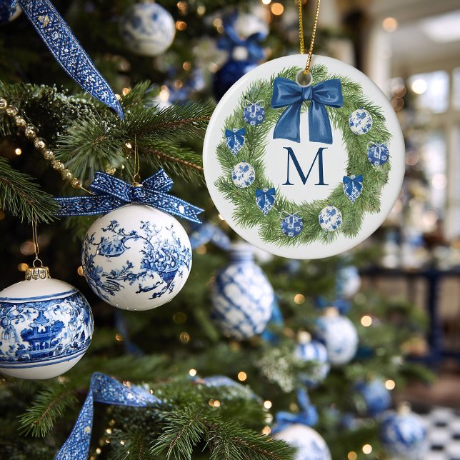 Chinoiserie Monogrammed Wreath Christmas Ceramic Tree Decoration (Chinoiserie Wreath Monogrammed Christmas Ornament)