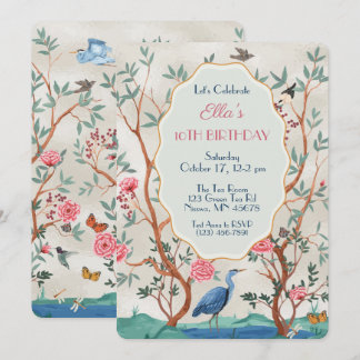 Chinoiserie Mural with Heron on faux Foil Invitation
