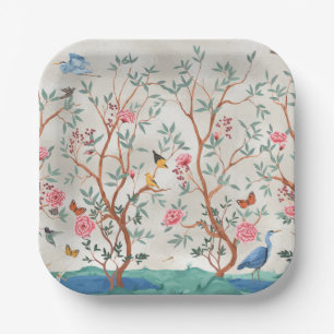 Chinoiserie Mural with Herons and Flowers Paper Plate