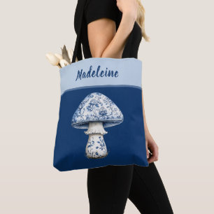 Chinoiserie Mushroom iBlue White on Navy Monogram  Tote Bag