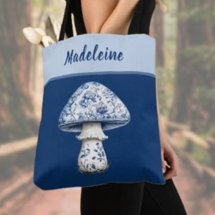 Chinoiserie Mushroom iBlue White on Navy Monogram  Tote Bag