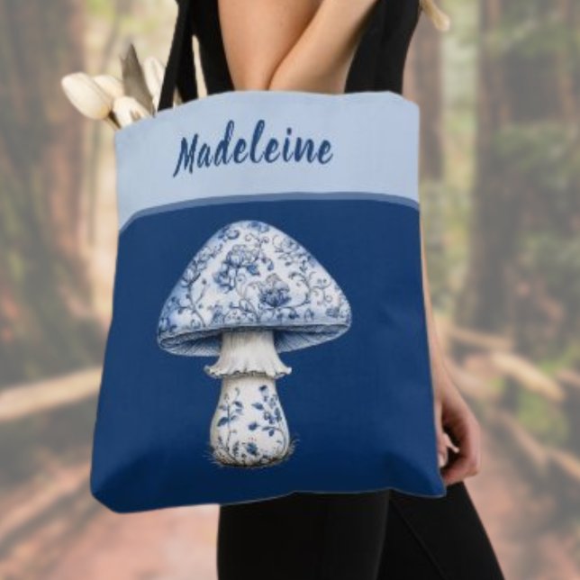 Chinoiserie Mushroom iBlue White on Navy Monogram  Tote Bag (Creator Uploaded)