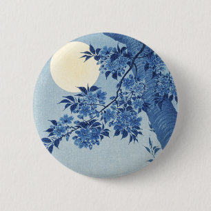 Chinoiserie Navy Blue Cherry Blossom & Full Moon 6 Cm Round Badge