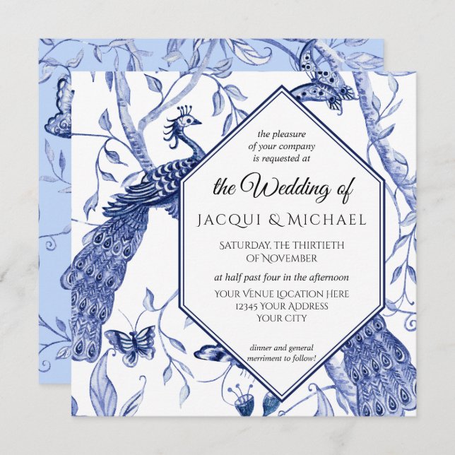 Chinoiserie Navy Blue Peacock Butterfly Hexagon Invitation (Front/Back)