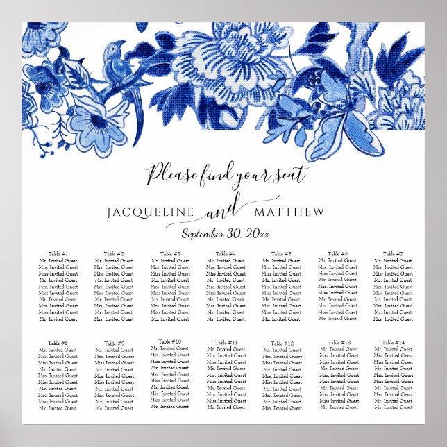 Chinoiserie Navy Blue White Floral Seating Chart (Front)