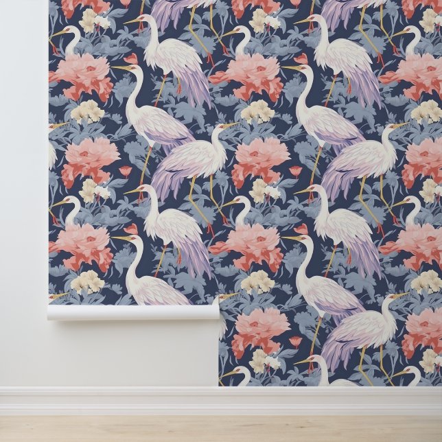 Chinoiserie Navy Flowers & Egrets Pattern Wallpaper (Application)