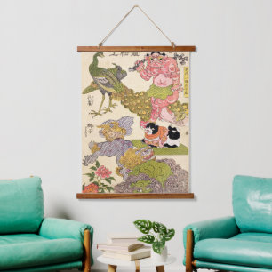Chinoiserie Oni Peacock Cat & Peony Print Hanging Tapestry