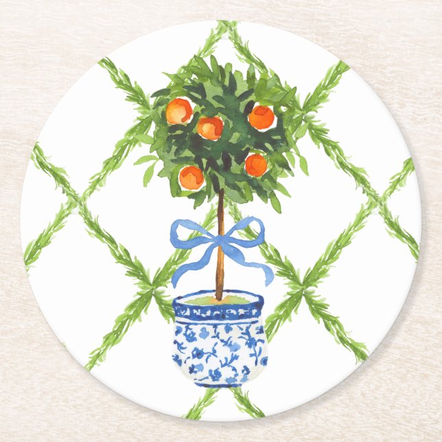 Chinoiserie Orange Citrus Topiary  Round Paper Coaster (Front)