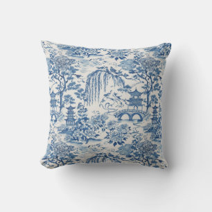 Chinoiserie Pagoda and Birds Blue Floral Design Cushion