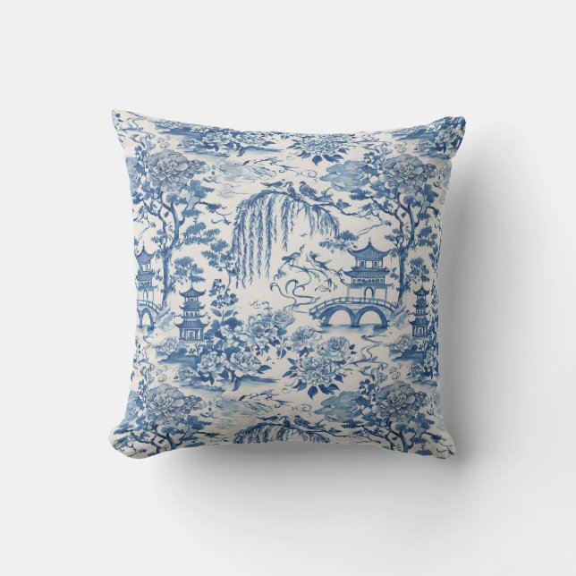 Chinoiserie Pagoda and Birds Blue Floral Design Cushion (Front)