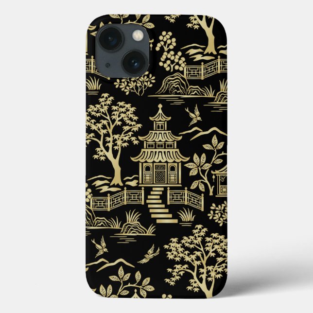 Chinoiserie Pagoda Black and Gold iPhone Case (Back)