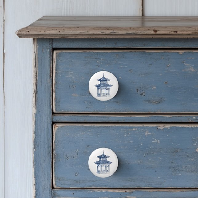 Chinoiserie Pagoda Ceramic Knob (Blue Pagoda Chinoiserie ceramic furniture knobs)