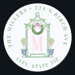 Chinoiserie Pagoda Christmas Return Address Classic Round Sticker<br><div class="desc">This sticker has a preppy grandmillennial design featuring a green pagoda with a Christmas Wreath adorned with a pink gingham bow. On either side are topiaries in Chinoiserie pots. You can personalise with your initial,  name and address.</div>