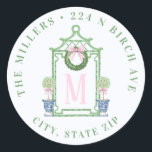 Chinoiserie Pagoda Christmas Return Address Classic Round Sticker<br><div class="desc">This sticker has a preppy grandmillennial design featuring a green pagoda with a Christmas Wreath adorned with a pink gingham bow. On either side are topiaries in Chinoiserie pots. You can personalise with your initial,  name and address.</div>
