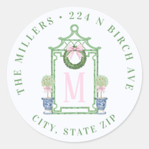 Chinoiserie Pagoda Christmas Return Address Classic Round Sticker