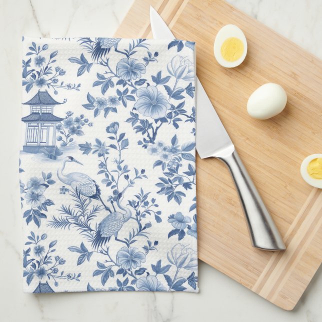 Chinoiserie Pagoda Crane Blue Floral Tea Towel (Quarter Fold)