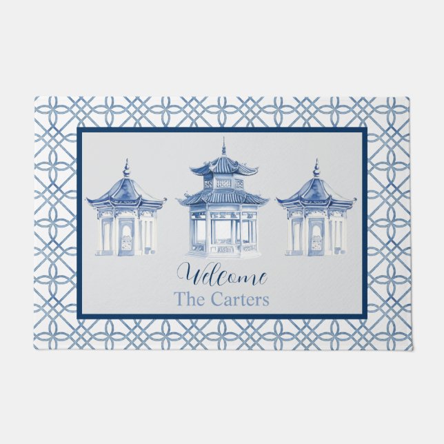 Chinoiserie Pagoda Custom Name Welcome Doormat (Front)