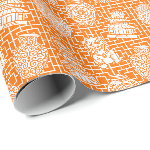 Chinoiserie Pagoda – Orange Preppy Asian Garden Wrapping Paper