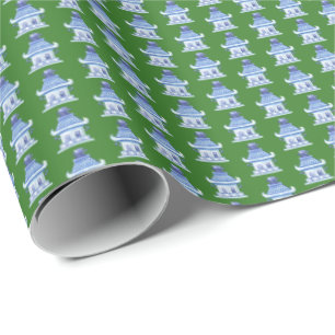 Chinoiserie Pagodas (on Green) Wrapping Paper