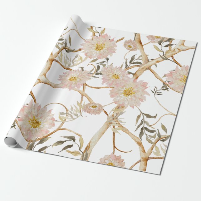 Chinoiserie Peony Floral Watercolor Blush Pink Wrapping Paper (Unrolled)