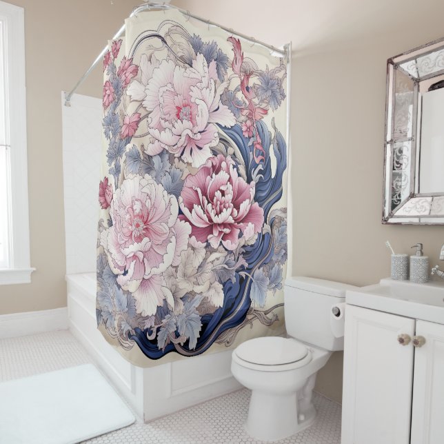 Chinoiserie Peony Painting in Pink and Blue Shower Curtain (In Situ)