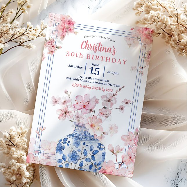 Chinoiserie Pink Cherry Blossom Birthday party Invitation (Creator Uploaded)