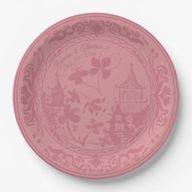 Chinoiserie Pink Floral Watercolor Paper Plate (Front)