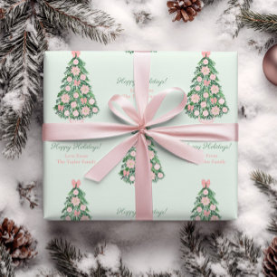 Chinoiserie Pink Green Merry Christmas Family Name Wrapping Paper