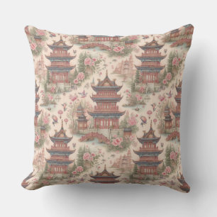 Chinoiserie Pink Pagoda Watercolor Cushion