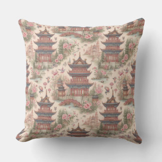 Chinoiserie Pink Pagoda Watercolor Cushion