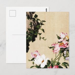 Chinoiserie Pink Peony and Scholar Rock Painting Postcard