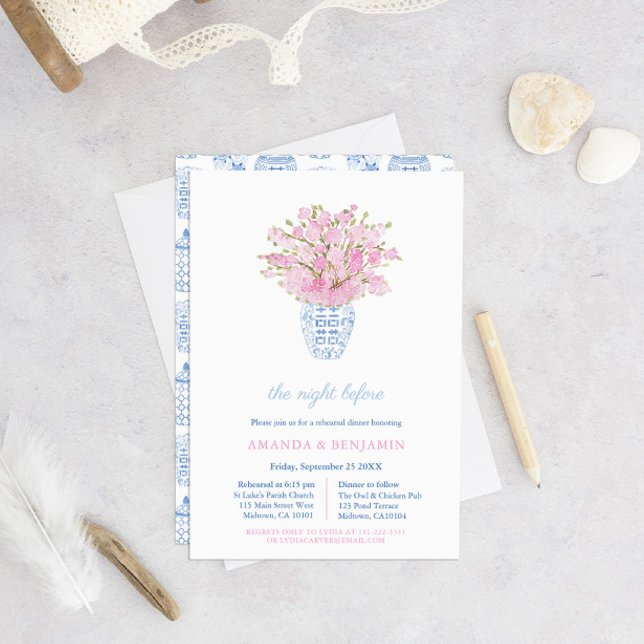 Chinoiserie Pink Wedding Rehearsal Welcome Dinner Invitation (Creator Uploaded)