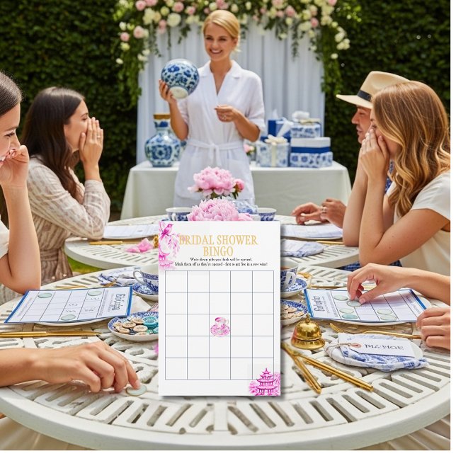 Chinoiserie Pink Willow Bridal Shower Bingo game Invitation (Chinoiserie Pink Willow Bridal Shower Bingo game)