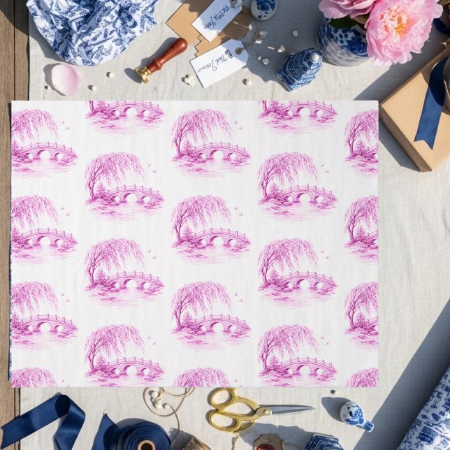 Chinoiserie Pink Willow Water Bridge Tissue Paper (Chinoiserie Pink Willow Water Bridge Tissue Paper)