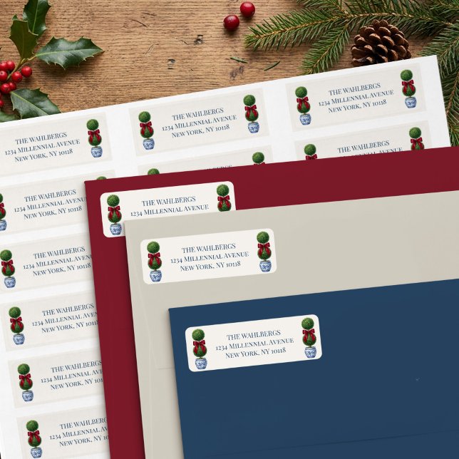 Chinoiserie Potted Topiary and Bow Holiday Address (Return Address Labels from Grandmillenial Topiary Chinoiserie Christmas Collection by Darling & May)