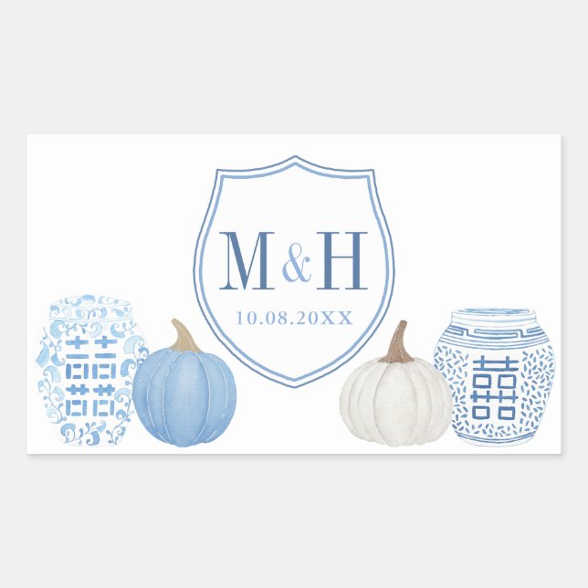 Chinoiserie Pumpkins Blue & White Wedding Logo Rectangular Sticker (Front)
