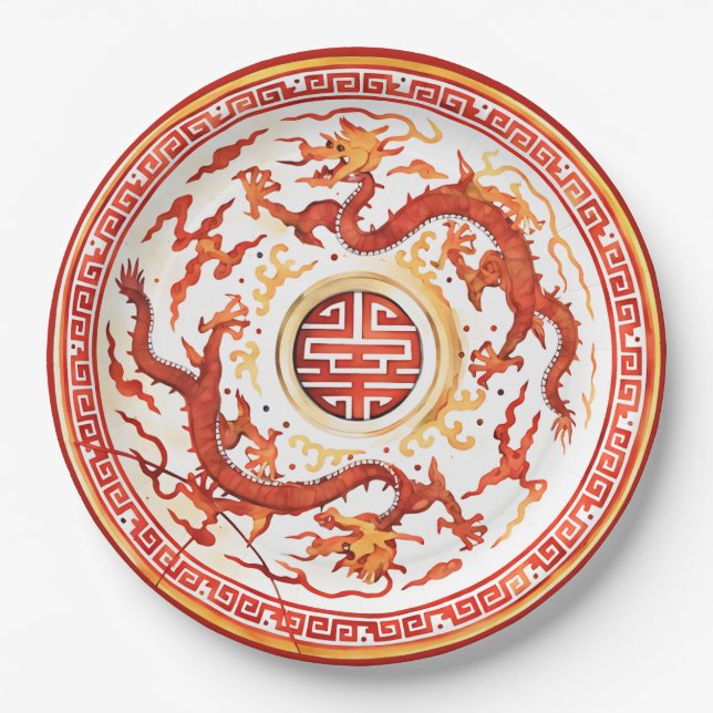 Chinoiserie Red Gold Imperial Dragon Faux China Paper Plate (Front)